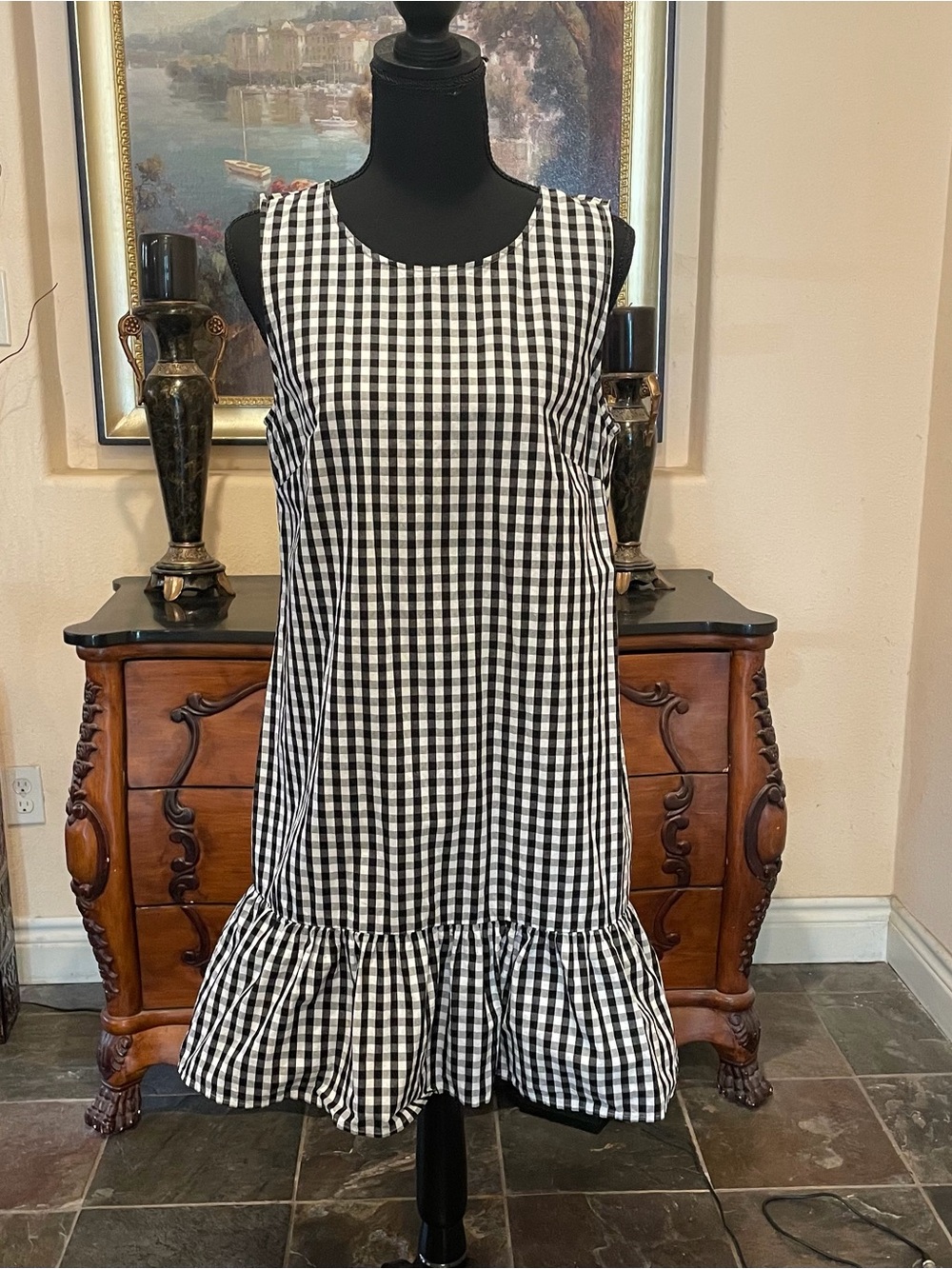 J. Crew Factory Black & White Gingham Ruffle Hem Shift Dress